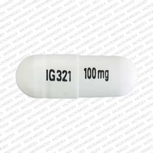 100 mg IG321. Previous Next. Gabapentin Strength 100 mg Imprint 100 mg IG321 Color White Shape Capsule/Oblong View details. Can't find what you're looking for? How to use the pill identifier Enter the imprint code that appears on the pill. Example: L484; Select the the pill color (optional).